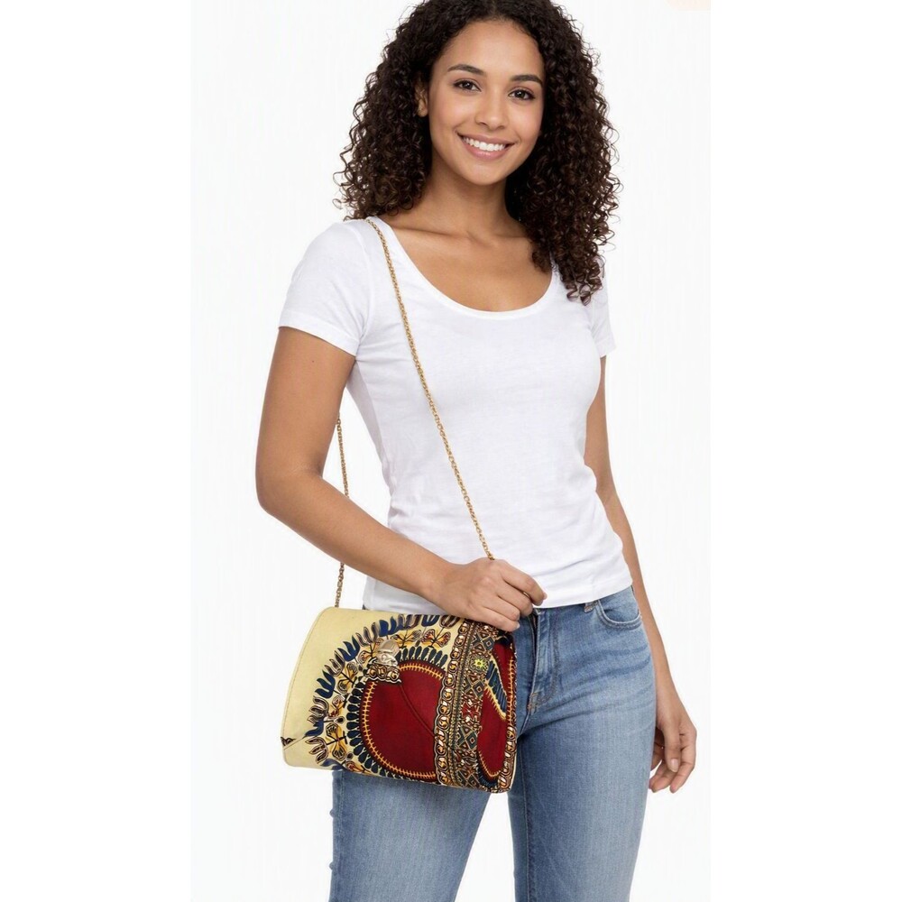 Dashiki Tribal Clutch Push Lock Clutch Handbag Ecru Red Dashiki Print NWOT